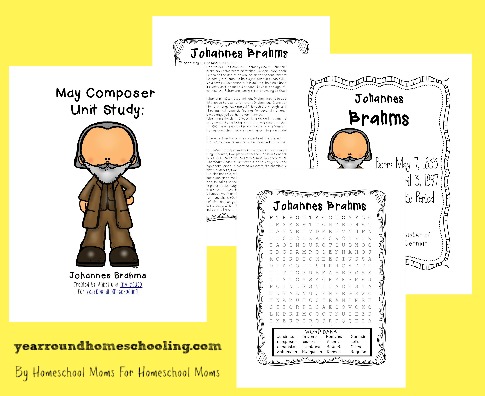 Learn more about one composer each month, in our Monthly Composer Studies. May is Johannes Brahms.. Pack includes bio page, poster page, word search, notebooking pages & MORE!! :: yearroundhomeschooling.com