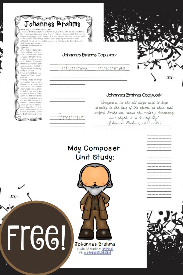 Learn more about one composer each month, in our Monthly Composer Studies. May is Johannes Brahms.. Pack includes bio page, poster page, word search, notebooking pages & MORE!! :: yearroundhomeschooling.com