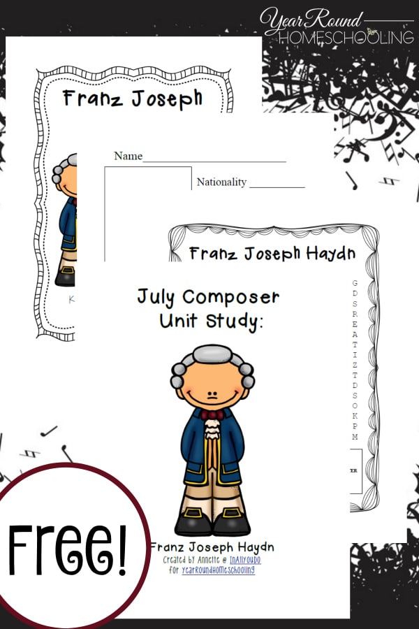 This month we're studying Joseph Haydn, the "Father of Classical Music" and composer of "Claire de Lune". Includes FREE Printables! :: www.yearroundhomeschooling.com