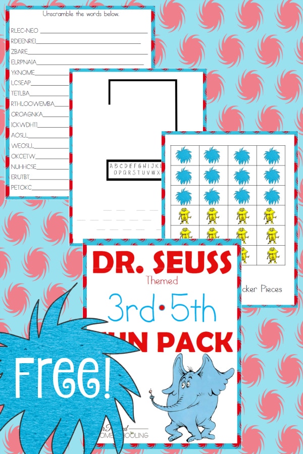 dr. seuss, 3rd, 4th, 5th, word scramble, hangman, checkers, homeschool, homeschooling, printable