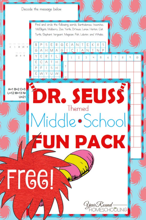 dr. seuss, middle school, 6th grade, 7th grade, 8th grade, word search, decode the message, battleship, printable