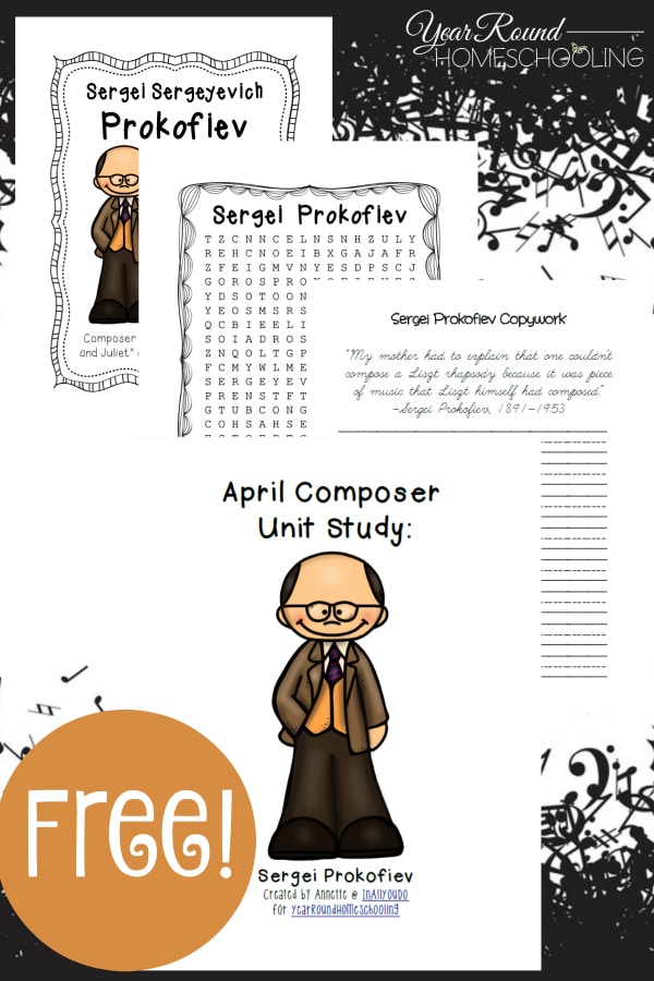 Learn more about one composer each month. April is Sergei Prokofiev. Pack includes bio page, poster page, word search, notebooking pages & MORE!! :: yearroundhomeschooling.com