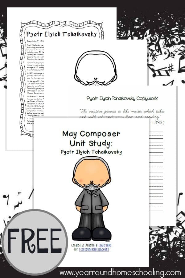 This unit study is a great way to introduce your elementary students to Tchaikovsky, his life and music. Includes printable coloring pages, copywork, and MORE! :: www.yearroundhomeschooling.com