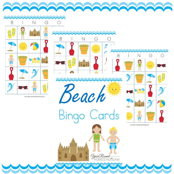 beach bingo cards, beach themed bingo cards, bingo cards, beach bingo, beach, bingo, printable, bingo games, homeschool, homeschooling