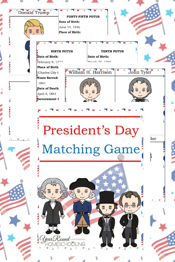 President's Day matching game, President's Day learning, President's Day