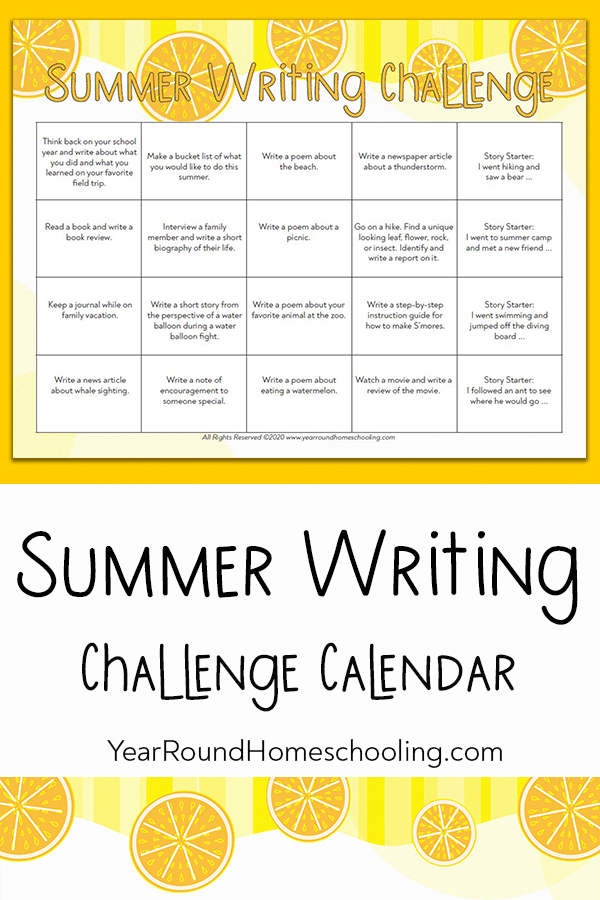 summer writing challenge, summer writing, summer writing challenge calendar