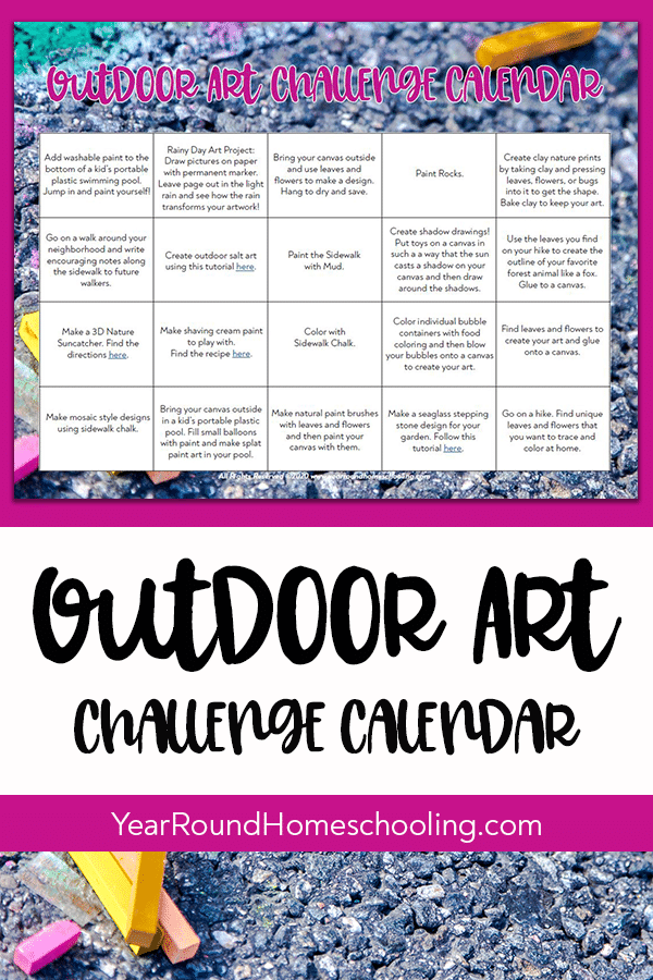 outdoor art challenge calendar, outdoor art challenge, outdoor art projects, outdoor art