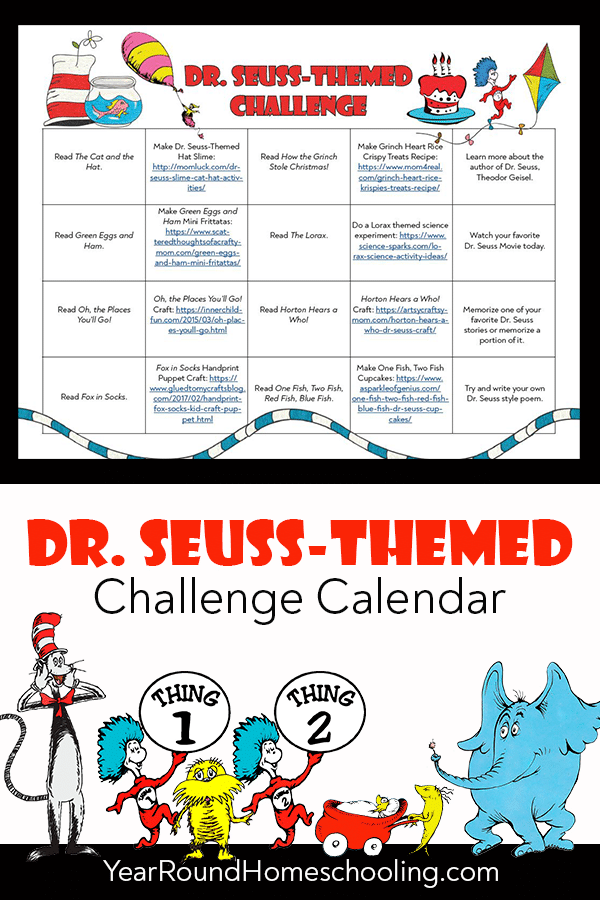 dr seuss challenge, dr seuss calendar, challenge dr seuss