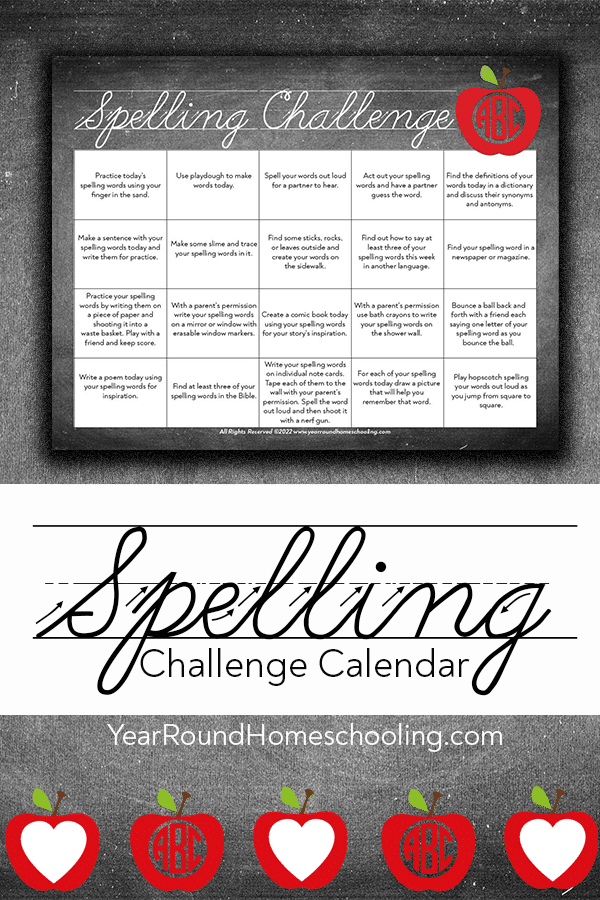 spelling challenge, spelling calendar, spelling challenge calendar