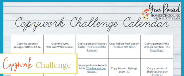 copywork challenge, challenge copywork, copywork challenge calendar, challenge calendar copywork