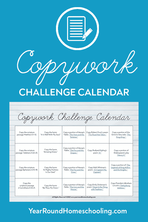 copywork challenge, challenge copywork, copywork challenge calendar, challenge calendar copywork