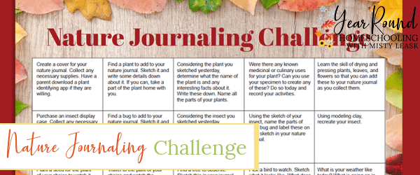 nature journaling challenge, nature journal challenge, nature journaling calendar, nature journal calendar