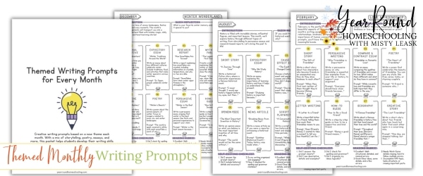 year round themed writing prompts, monthly themed writing prompts, writing prompts for the year, themed monthly writing prompts